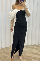 Elegante, einfarbige Abendkleider mit Schlitz und schulterfreier Falte